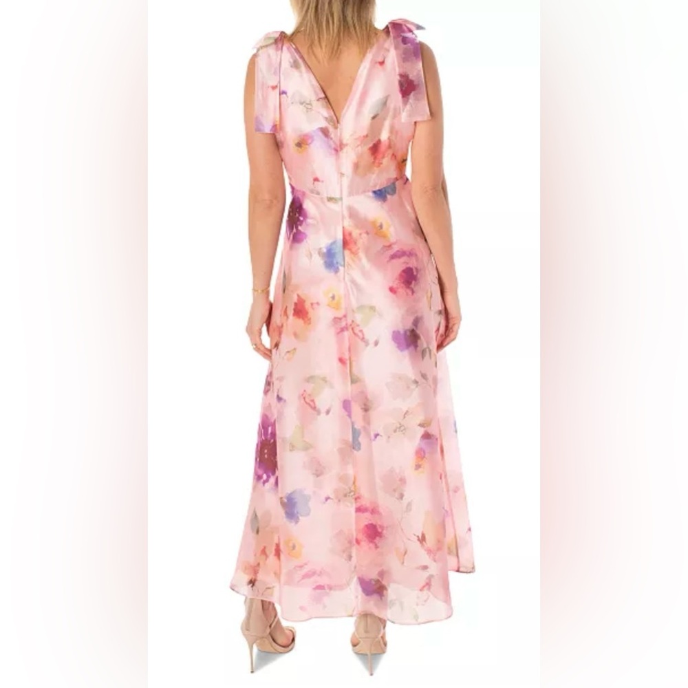Maison Tara V Neck Pink Watercolor Floral Maxi Dress with Bow Straps size 6 $148 - Picture 5 of 16